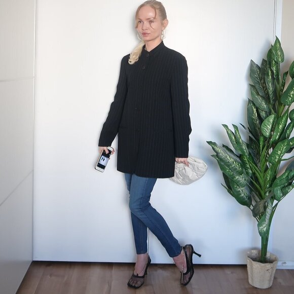 DKNY Long Pinstipe Stand Collar Career Suit Blazer - Picture 10 of 16